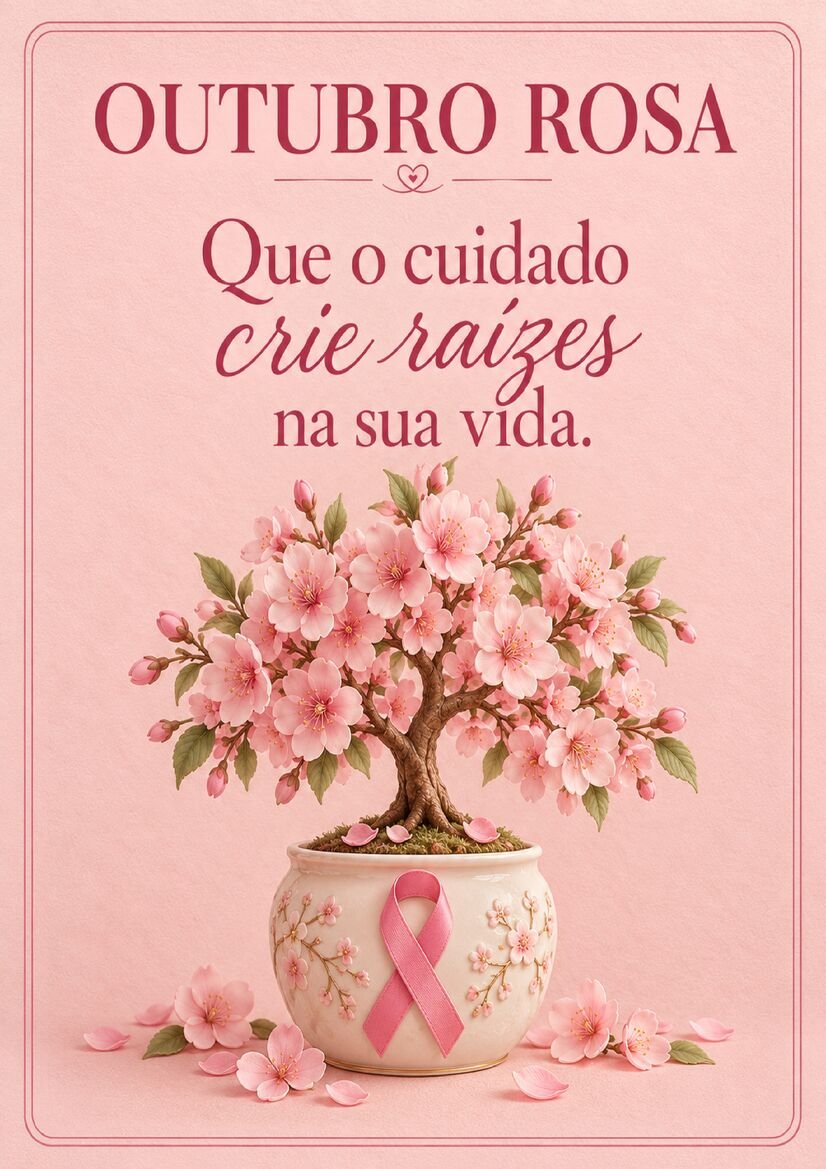 Imagem Outubro Rosa com árvore florida em vaso decorado com laço rosa e mensagem sobre criar raízes de cuidado